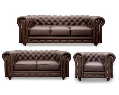 Sala de Piel Genuina Sofa,Love y Sillon Chesterfield CHPV Color Chocolate - ConfortoPiel