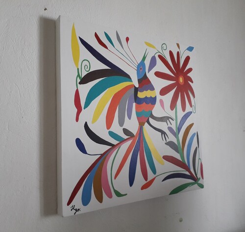 Cuadro decorativo pintado a mano Galería Oneris Pájaro de colores OTOMI 60x60