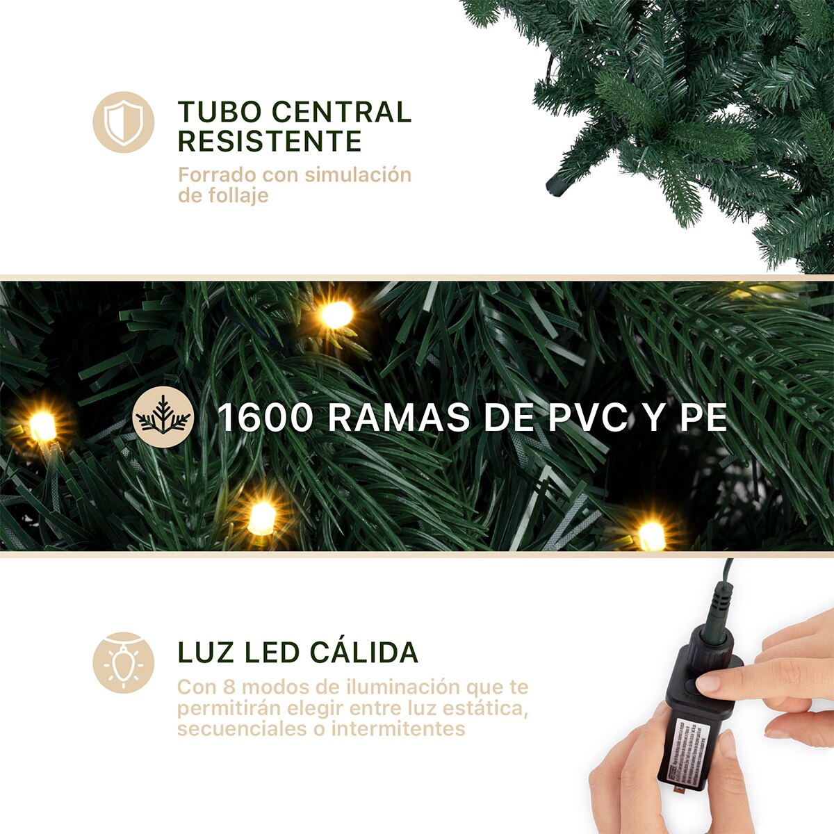 Árbol de Navidad Luces Led Pino 1600 Ramas Verde oscuro