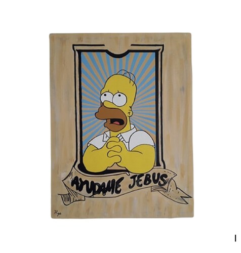 Cuadro decorativo pintado a mano Galería Oneris HOMERO SIMPSON AYUDAME JEBUS 70X54