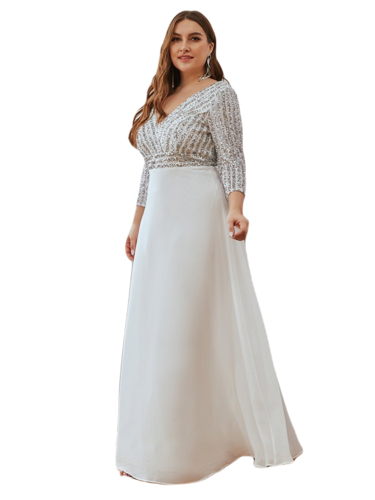Vestido Elegante de Fiesta Largo Curvy Blanco Novia Boda con Lentejuela Manga Larga Cuello V Tallas Ch y Tallas Extra
