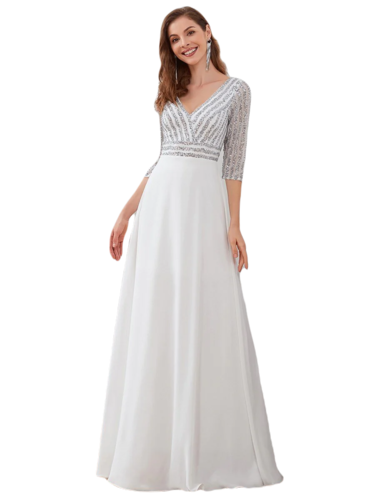 Vestido Elegante de Fiesta Largo Curvy Blanco Novia Boda con Lentejuela Manga Larga Cuello V Tallas Ch y Tallas Extra