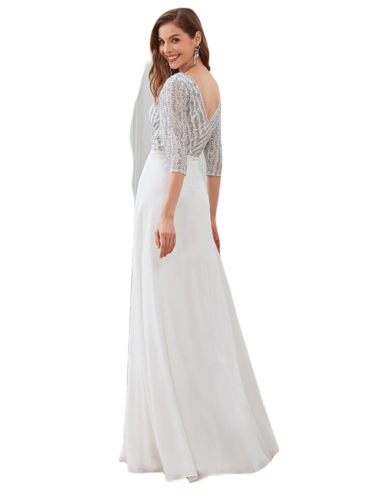 Vestido Elegante de Fiesta Largo Curvy Blanco Novia Boda con Lentejuela Manga Larga Cuello V Tallas Ch y Tallas Extra
