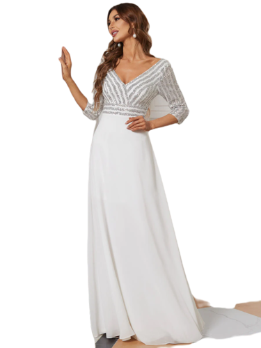 Vestido Elegante de Fiesta Largo Curvy Blanco Novia Boda con Lentejuela Manga Larga Cuello V Tallas Ch y Tallas Extra