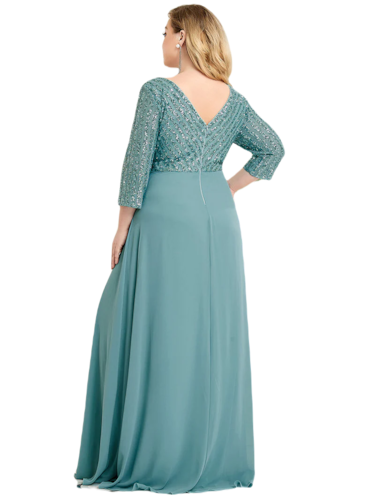 Vestido Elegante de Fiesta Largo Curvy Turquesa Dusty con Lentejuela Manga Larga Cuello V Tallas Ch y Tallas Extra
