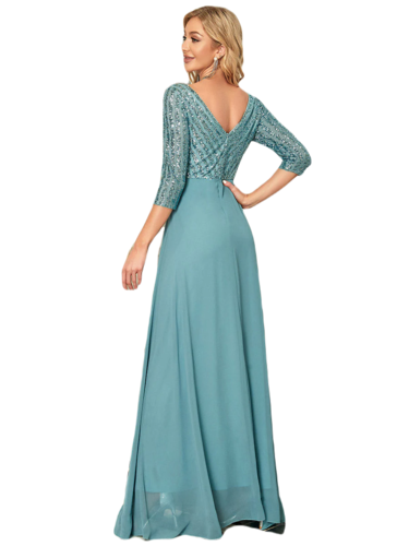 Vestido Elegante de Fiesta Largo Curvy Turquesa Dusty con Lentejuela Manga Larga Cuello V Tallas Ch y Tallas Extra