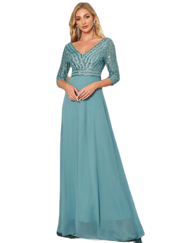 Vestido Elegante de Fiesta Largo Curvy Turquesa Dusty con Lentejuela Manga Larga Cuello V Tallas Ch y Tallas Extra