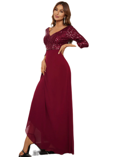 Vestido Elegante de Fiesta Largo Curvy Guinda Vino con Lentejuela Manga Larga Cuello V Tallas Ch y Tallas Extra