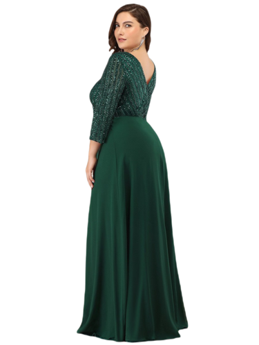 Vestido Elegante de Fiesta Largo Curvy Verde Esmeralda con Lentejuela Manga Larga Cuello V Tallas Ch y Tallas Extra