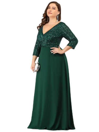 Vestido Elegante de Fiesta Largo Curvy Verde Esmeralda con Lentejuela Manga Larga Cuello V Tallas Ch y Tallas Extra