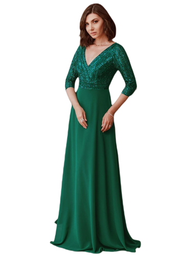 Vestido Elegante de Fiesta Largo Curvy Verde Esmeralda con Lentejuela Manga Larga Cuello V Tallas Ch y Tallas Extra