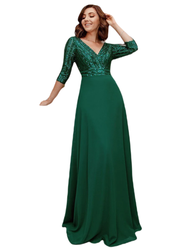 Vestido Elegante de Fiesta Largo Curvy Verde Esmeralda con Lentejuela Manga Larga Cuello V Tallas Ch y Tallas Extra