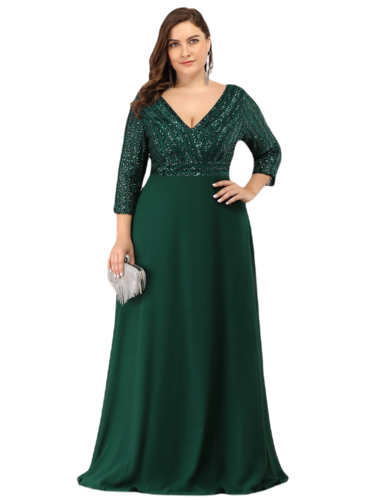 Vestido Elegante de Fiesta Largo Curvy Verde Esmeralda con Lentejuela Manga Larga Cuello V Tallas Ch y Tallas Extra