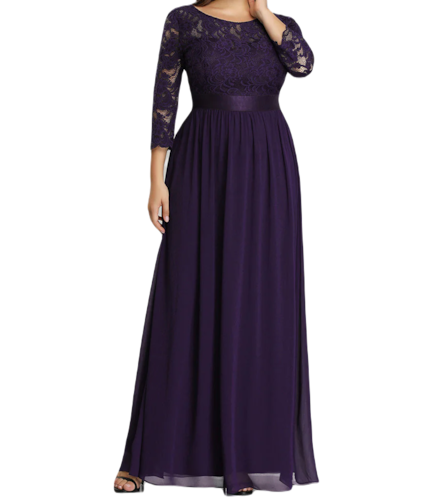 Vestido Elegante de Fiesta Largo Curvy Morado Uva con Encaje Cuello Redondo Manga 3/4 T.Ch y Tallas Extra