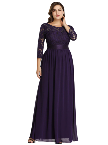 Vestido Elegante de Fiesta Largo Curvy Morado Uva con Encaje Cuello Redondo Manga 3/4 T.Ch y Tallas Extra