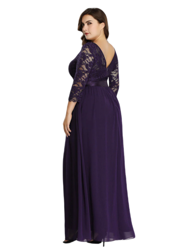 Vestido Elegante de Fiesta Largo Curvy Morado Uva con Encaje Cuello Redondo Manga 3/4 T.Ch y Tallas Extra