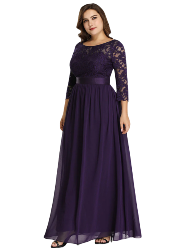 Vestido Elegante de Fiesta Largo Curvy Morado Uva con Encaje Cuello Redondo Manga 3/4 T.Ch y Tallas Extra