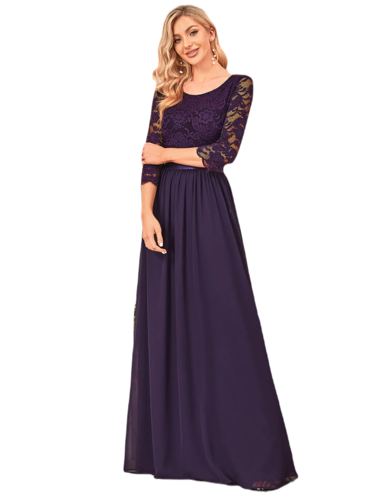 Vestido Elegante de Fiesta Largo Curvy Morado Uva con Encaje Cuello Redondo Manga 3/4 T.Ch y Tallas Extra