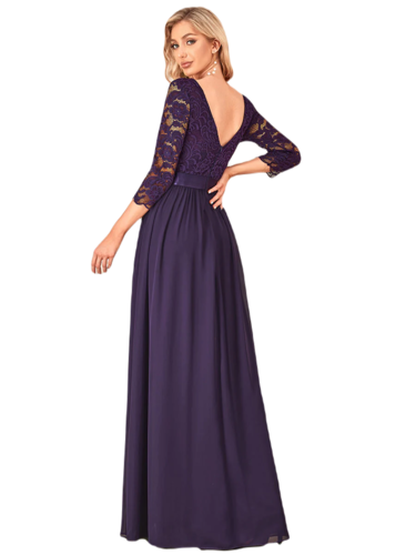 Vestido Elegante de Fiesta Largo Curvy Morado Uva con Encaje Cuello Redondo Manga 3/4 T.Ch y Tallas Extra