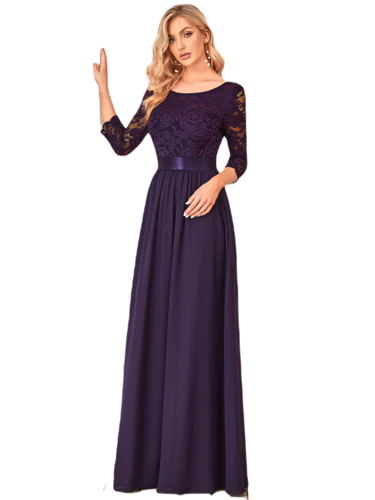 Vestido Elegante de Fiesta Largo Curvy Morado Uva con Encaje Cuello Redondo Manga 3/4 T.Ch y Tallas Extra