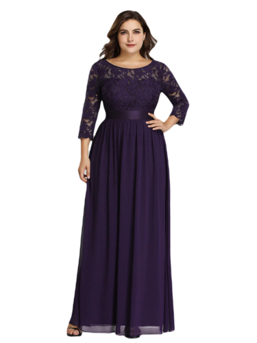 Vestido Elegante de Fiesta Largo Curvy Morado Uva con Encaje Cuello Redondo Manga 3/4 T.Ch y Tallas Extra