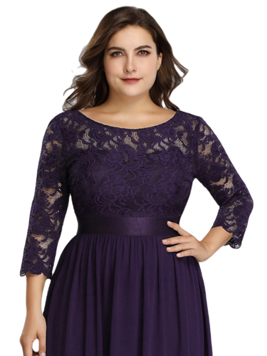 Vestido Elegante de Fiesta Largo Curvy Morado Uva con Encaje Cuello Redondo Manga 3/4 T.Ch y Tallas Extra