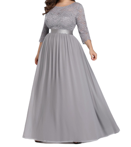 Vestido Elegante de Fiesta Largo Curvy Gris con Encaje Cuello Redondo Manga 3/4 T.Ch y Tallas Extra