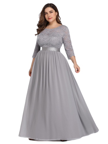 Vestido Elegante de Fiesta Largo Curvy Gris con Encaje Cuello Redondo Manga 3/4 T.Ch y Tallas Extra