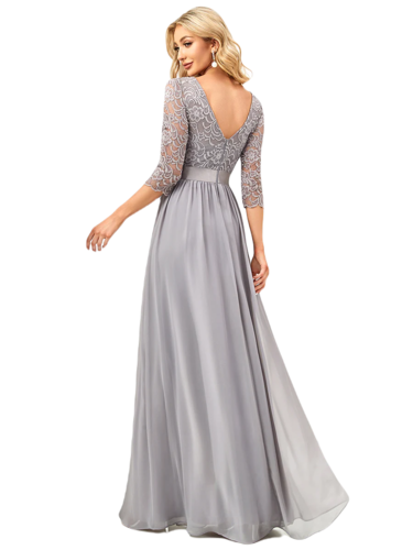 Vestido Elegante de Fiesta Largo Curvy Gris con Encaje Cuello Redondo Manga 3/4 T.Ch y Tallas Extra