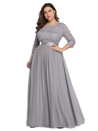 Vestido Elegante de Fiesta Largo Curvy Gris con Encaje Cuello Redondo Manga 3/4 T.Ch y Tallas Extra