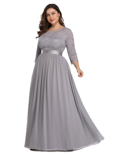Vestido Elegante de Fiesta Largo Curvy Gris con Encaje Cuello Redondo Manga 3/4 T.Ch y Tallas Extra