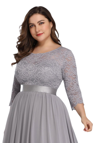 Vestido Elegante de Fiesta Largo Curvy Gris con Encaje Cuello Redondo Manga 3/4 T.Ch y Tallas Extra