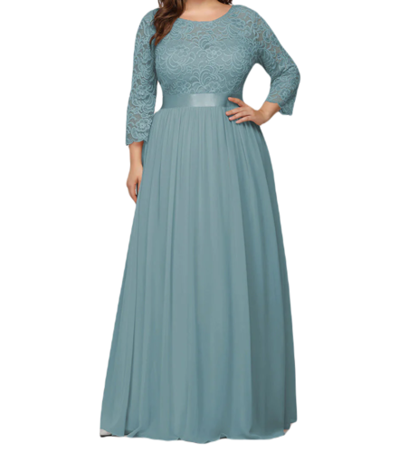Vestido Elegante de Fiesta Largo Curvy Turquesa Dusty con Encaje Cuello Redondo Manga 3/4 T.Ch y Tallas Extra