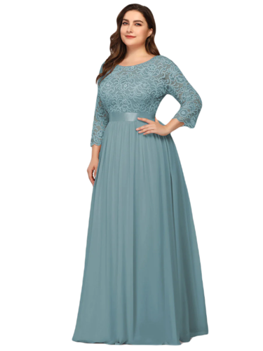 Vestido Elegante de Fiesta Largo Curvy Turquesa Dusty con Encaje Cuello Redondo Manga 3/4 T.Ch y Tallas Extra