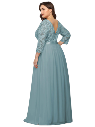 Vestido Elegante de Fiesta Largo Curvy Turquesa Dusty con Encaje Cuello Redondo Manga 3/4 T.Ch y Tallas Extra