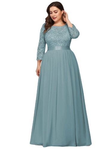 Vestido Elegante de Fiesta Largo Curvy Turquesa Dusty con Encaje Cuello Redondo Manga 3/4 T.Ch y Tallas Extra