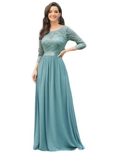Vestido Elegante de Fiesta Largo Curvy Turquesa Dusty con Encaje Cuello Redondo Manga 3/4 T.Ch y Tallas Extra