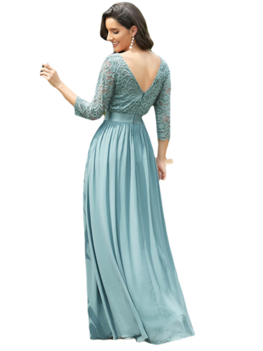Vestido Elegante de Fiesta Largo Curvy Turquesa Dusty con Encaje Cuello Redondo Manga 3/4 T.Ch y Tallas Extra