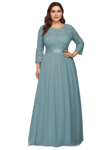 Vestido Elegante de Fiesta Largo Curvy Turquesa Dusty con Encaje Cuello Redondo Manga 3/4 T.Ch y Tallas Extra