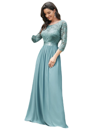 Vestido Elegante de Fiesta Largo Curvy Turquesa Dusty con Encaje Cuello Redondo Manga 3/4 T.Ch y Tallas Extra
