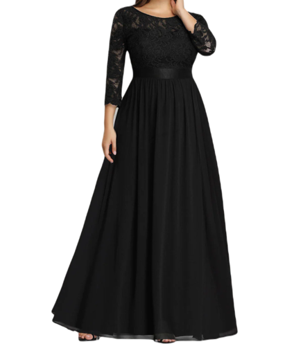 Vestido Elegante de Fiesta Largo Curvy Negro con Encaje Cuello Redondo Manga 3/4 T.Ch y Tallas Extra