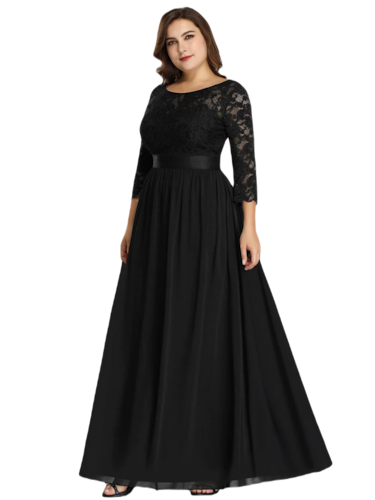 Vestido Elegante de Fiesta Largo Curvy Negro con Encaje Cuello Redondo Manga 3/4 T.Ch y Tallas Extra