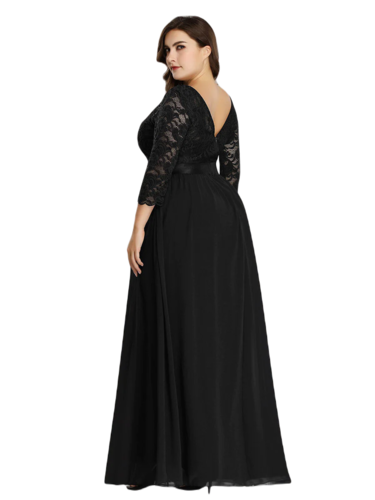 Vestido Elegante de Fiesta Largo Curvy Negro con Encaje Cuello Redondo Manga 3/4 T.Ch y Tallas Extra