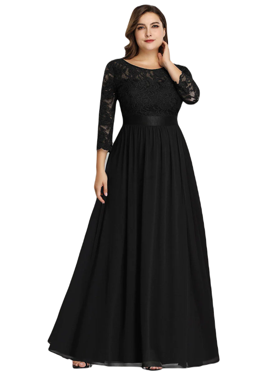 Vestido Elegante de Fiesta Largo Curvy Negro con Encaje Cuello