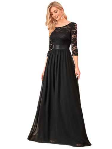 Vestido Elegante de Fiesta Largo Curvy Negro con Encaje Cuello Redondo Manga 3/4 T.Ch y Tallas Extra