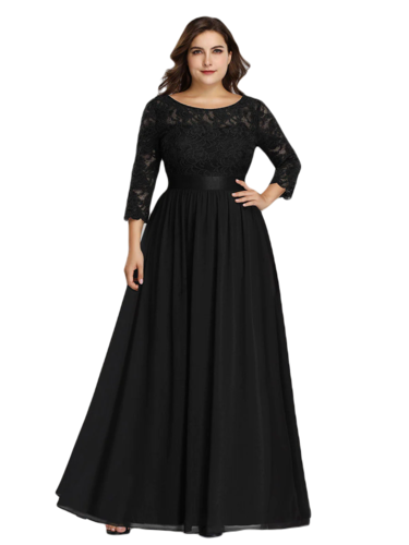 Vestido Elegante de Fiesta Largo Curvy Negro con Encaje Cuello Redondo Manga 3/4 T.Ch y Tallas Extra