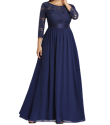 Vestido Elegante de Fiesta Largo Curvy Azul Marino con Encaje Cuello Redondo Manga 3/4 T.Ch y Tallas Extra