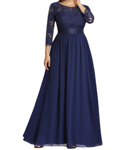 Vestido Elegante de Fiesta Largo Curvy Azul Marino con Encaje Cuello Redondo Manga 3/4 T.Ch y Tallas Extra