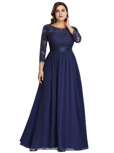 Vestido Elegante de Fiesta Largo Curvy Azul Marino con Encaje Cuello Redondo Manga 3/4 T.Ch y Tallas Extra