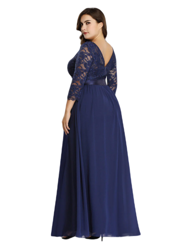 Vestido Elegante de Fiesta Largo Curvy Azul Marino con Encaje Cuello Redondo Manga 3/4 T.Ch y Tallas Extra